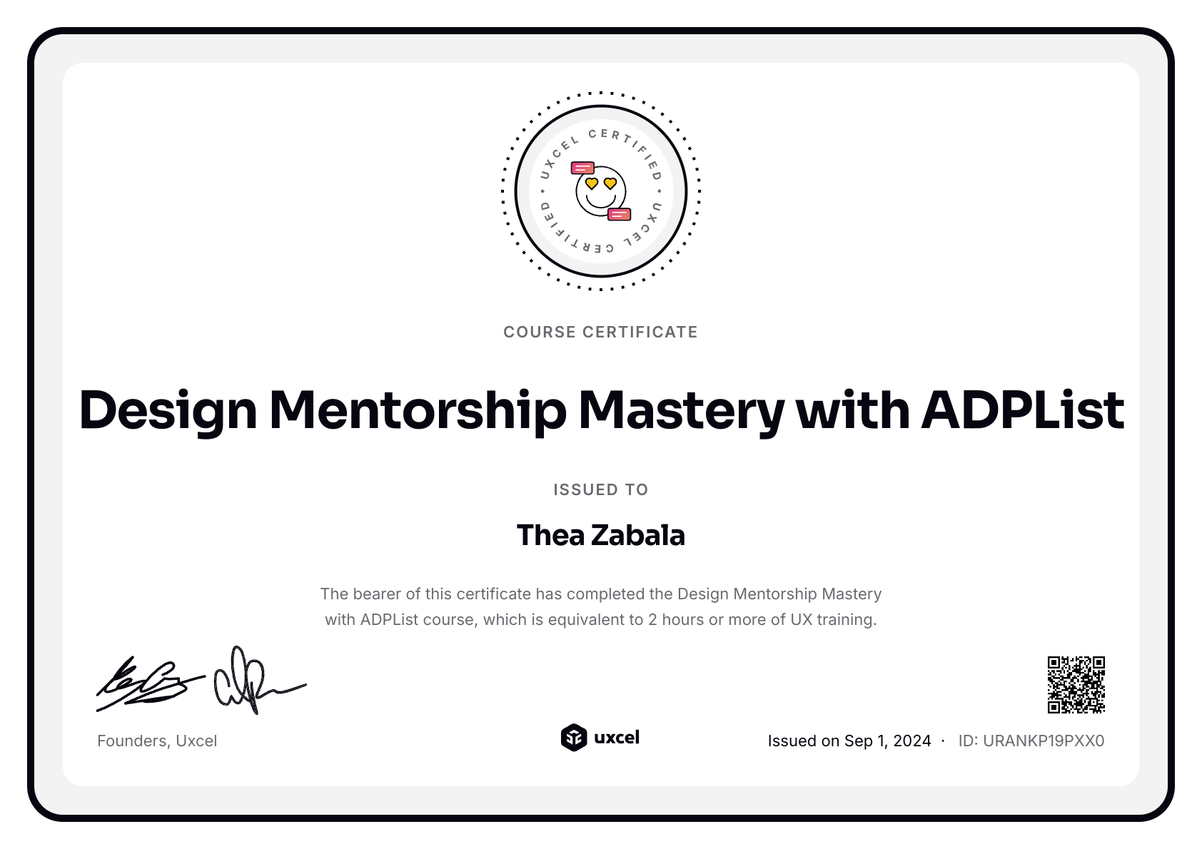 Thea Zabala's certificate